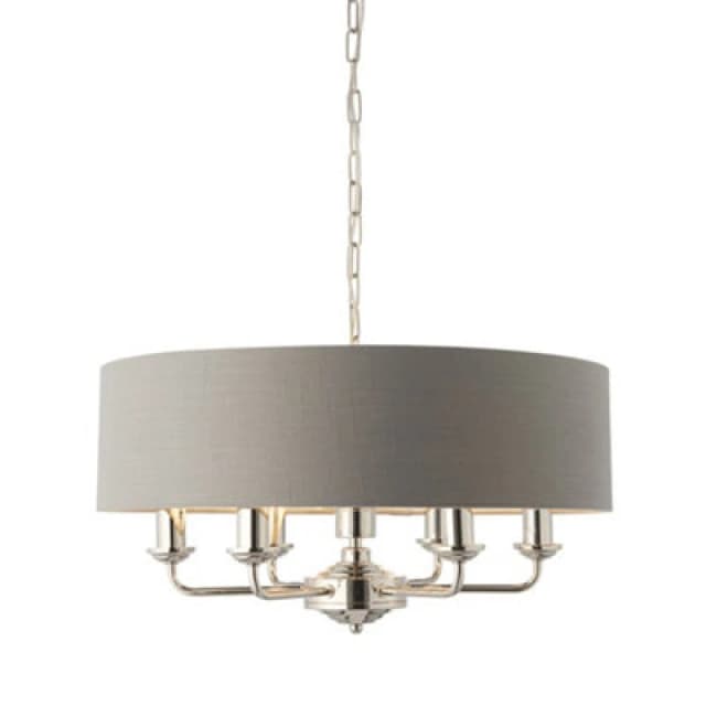Highclere 6 Lamp Cylindrical Pendant Light Bright Nickel Plate, Charcoal Fabric