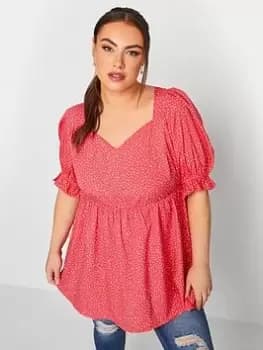 Yours Sweetheart Puff Sleeve Top Coral Spot, Pink, Size 16, Women