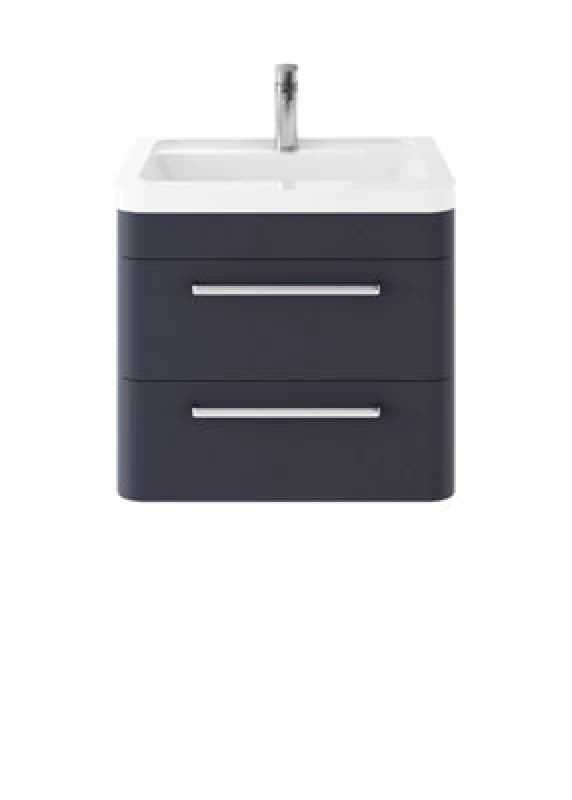 Nuie Hudson Reed Solar Wall Hung Vanity Unit With Ceramic Basin, Modern 2 Drawer Bathroom Sink Vanity Unit In Indigo Blue, 600mm
