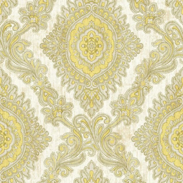 Wallquest Villa Rosa Damask Yellow Wallpaper Floral Classic Acrylic Coated