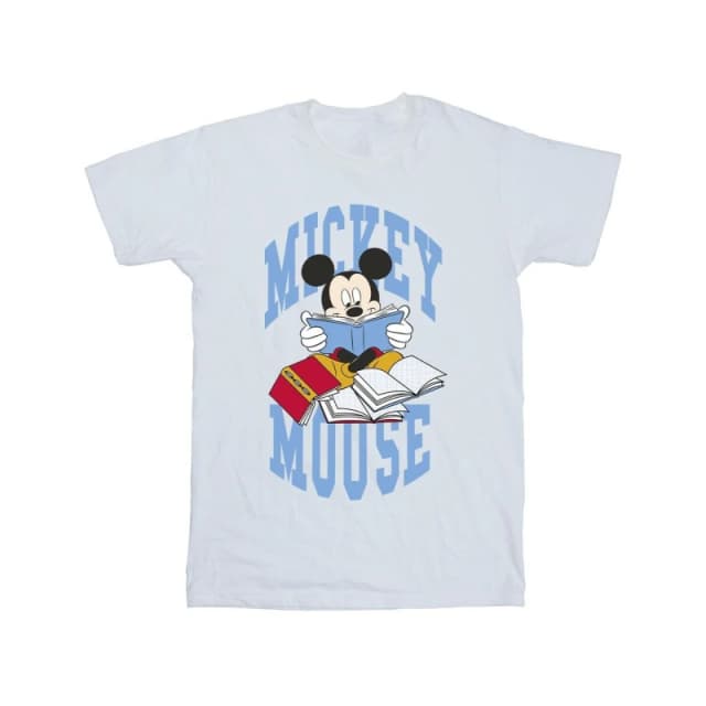 Disney Men Mickey Mouse Reading Books Cotton T-Shirt in White Size: Small White S Male 5063376462228
