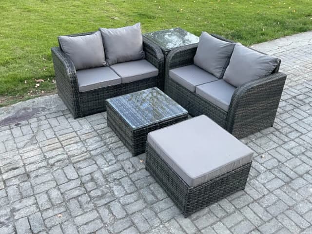 Fimous Rattan Sofa Set Outdoor Garden Furniture Set with Square Coffee Table Loveseat Sofa Big Footstool Side Table Dark Grey Mixed Dark Grey