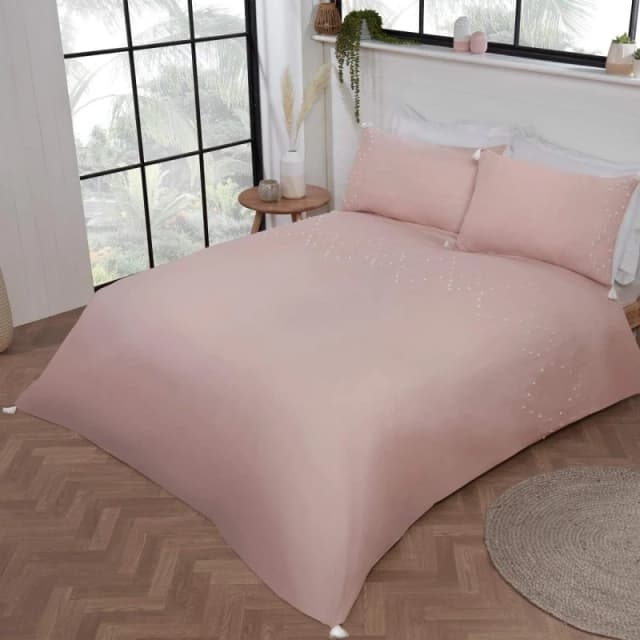 Smart Living Smart Living Luxury Hotel Quality Boho Embroidered Tassels Duvet Cover with Pillowcases in Pink Size: Double Pink Double Unisex 5056242