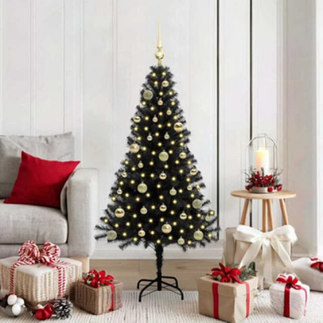 vidaXL Christmas Tree with 150 LEDs, Gold Balls with Stand Black 150cm PVC, Black 3396469