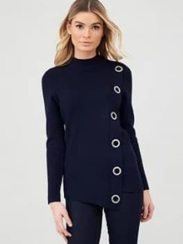 Wallis Eyelet Wrap High Neck Jumper - Navy, Size 18, Women