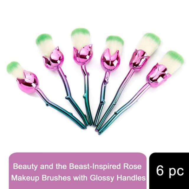 Aquarius Beauty and the Beast Rose Makeup Brushes - High Quality, Portable, 6pc Set