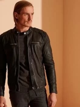 Superdry Moto Racer Leather Jacket - Black, Size 2XL, Men