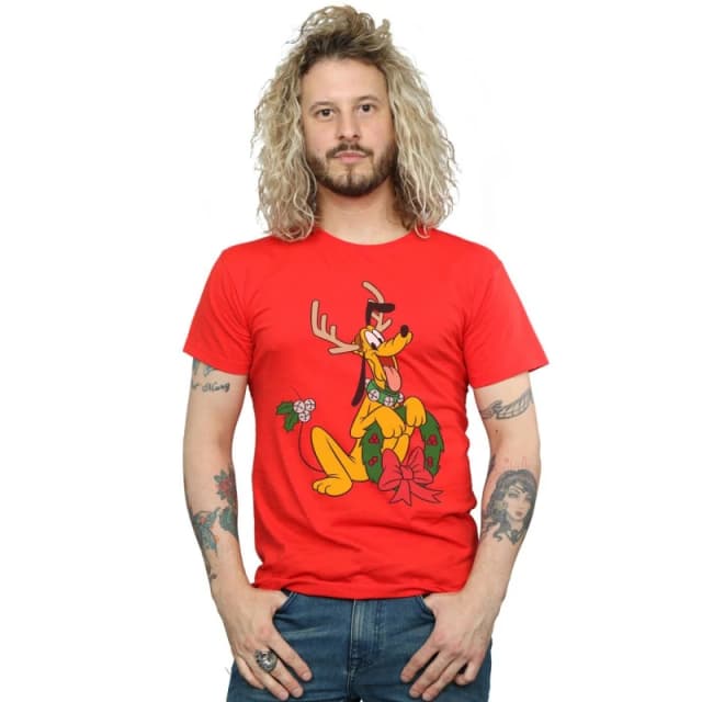 Disney Men Pluto Christmas Reindeer T-Shirt in Red Size: Small Red S Male 5059400324495