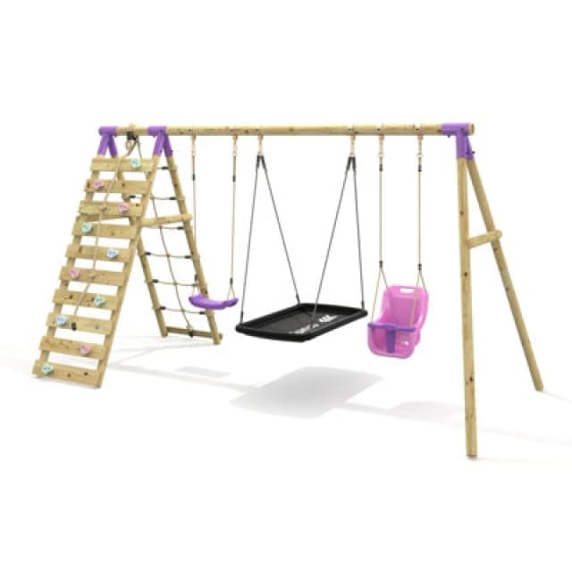 OutdoorToys Triple Garden Swing Set with Climbing Wall for Kids - Skye Purple Purple Unisex