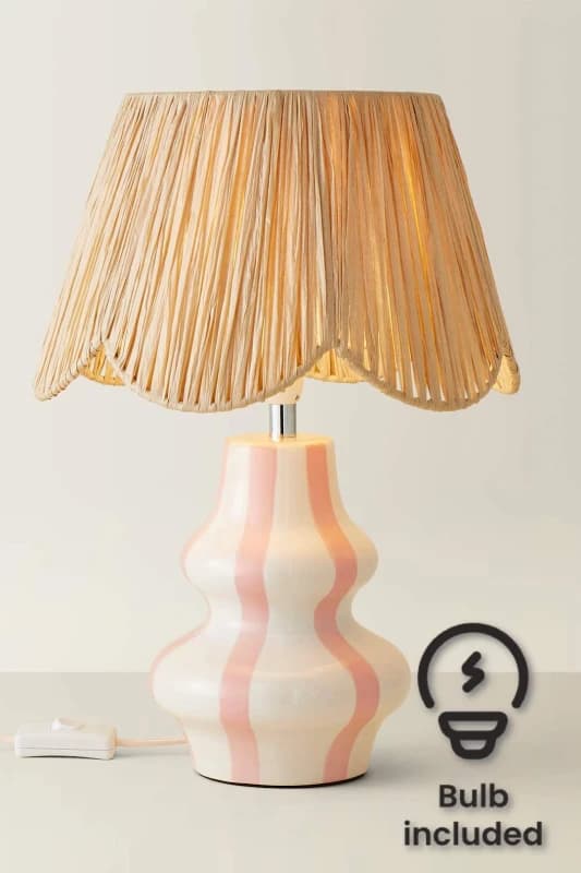 ValueLights Perrie Ceramic Pink Stripe Table Lamp with Raffia Lamp Shade and LED Bulb Pink