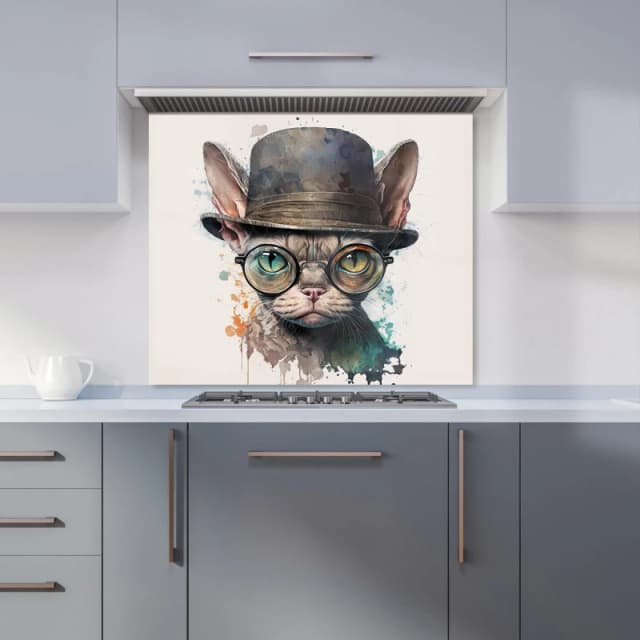 Warren Reed - Designer Devon Rex Cat With Glasses Splashart Kitchen Splashback Size: 600mm x 750mm Multicolor Unisex 600mm x 750mm