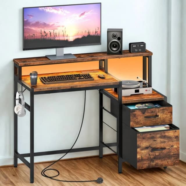 FURNOS Industrial Computer Desk With Drawers, USB Outlets & LED Lights in Brown Brown Unisex