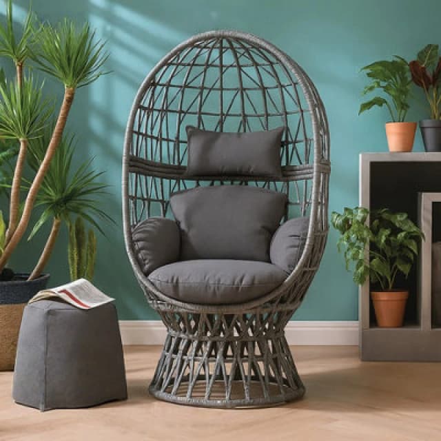 Home Republic Black Rattan Egg Chair With 360 Degree Swivel Comfy Indoor Outdoor Lounge Chair With Cushions
