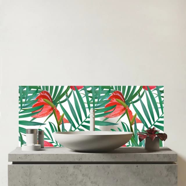 Warren Reed - Designer Tropical Flowers & Palm Leaves Glass Bathroom Splashback in Green Green Unisex
