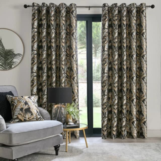 Laurence Llewelyn-Bowen 'Paradise Palm' Jacquard Palm Leaf Pair of Eyelet Curtains Black