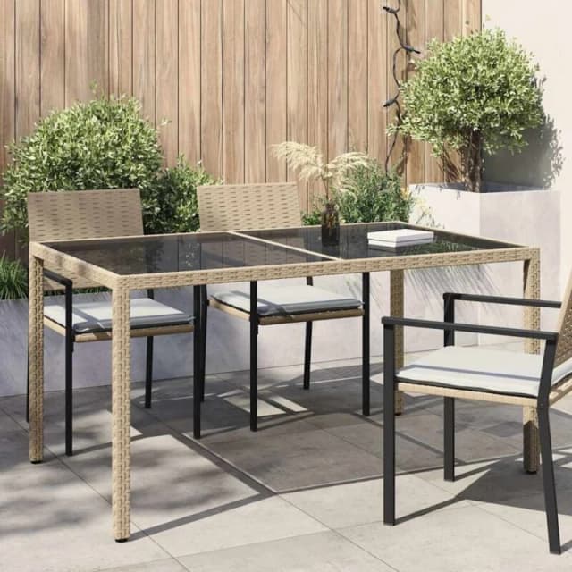 VIDAXL Garden Table 150x90x75cm Tempered Glass and Poly Rattan Beige Vidaxl 8720286666463