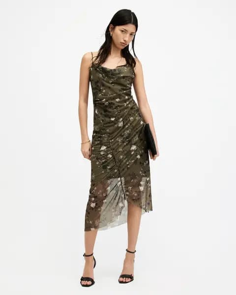 AllSaints Ulla Mesh Draped Kora Midi Dress