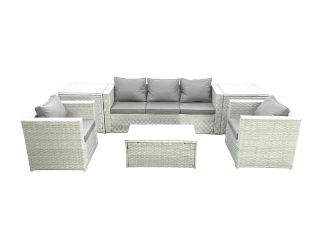 Fimous Rattan Garden Furniture Set with 3 Seater Sofa 2 Chair Rectangular Coffee Table 2 Side Tables Light Grey Mixed 5 Seater Light Grey