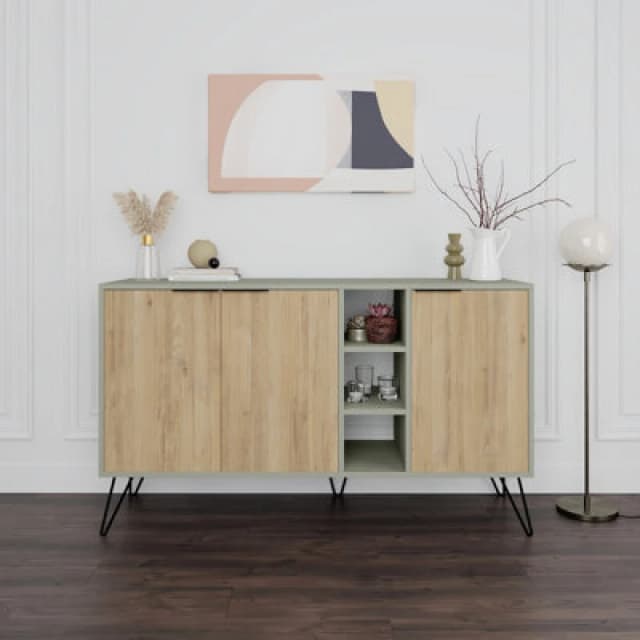 Decortie Clara Sideboard Cabinet Modern Storage Shelves Hairpin Legs Ash Green, Oak 142Cm