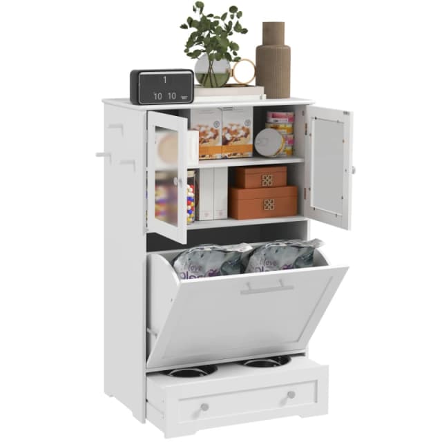 PawHut Dog Feeding Station with 2 Storage Cabinets, 2 Elevated Bowls, White D08-062V00WT