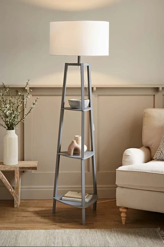 ValueLights Hiru Grey 3 Tier Wooden Shelf Floor Lamp With Large White Shade Grey