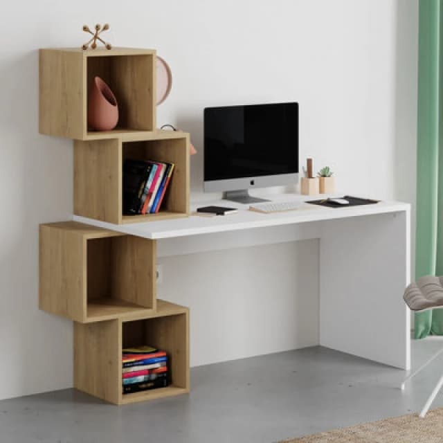 Decortie Balance Modern Desk White, Oak With Shelves 153.5(W)Cm