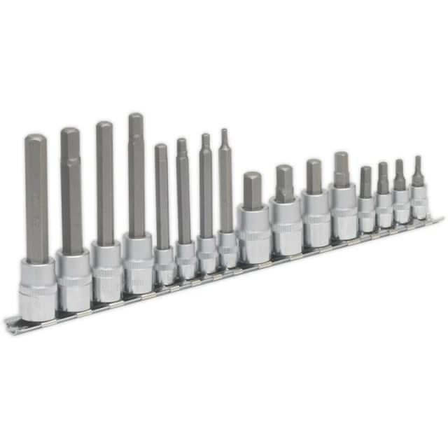 Loops 16pc Hex Socket Bit Set - 1/4" 3/8" Square Drive 3mm to 10mm Long & Short Shaft Multi