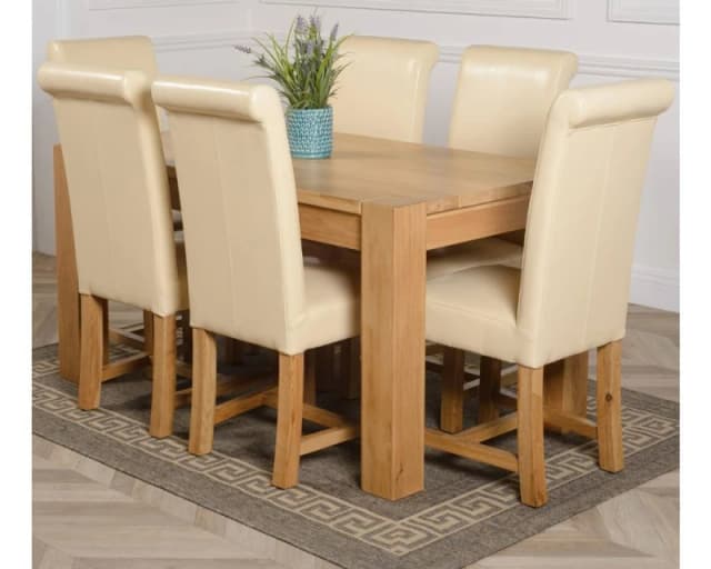 Thats Furniture Kuba 150 x 85cm Medium Oak Dining Table & 6 Washington Leather Chairs in Cream Cream Unisex 150 x 85 cm