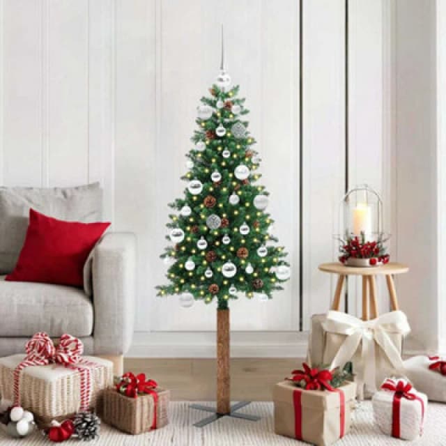 vidaXL Slim Christmas Tree with Silver Balls Green 150cm PVC and Solid Pine wood, Green 3394856