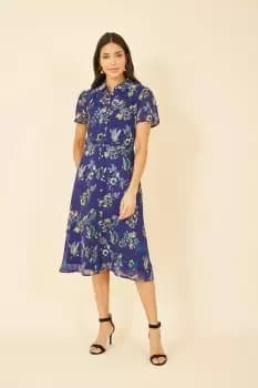 Navy Bird Print Midi Shirt Dress