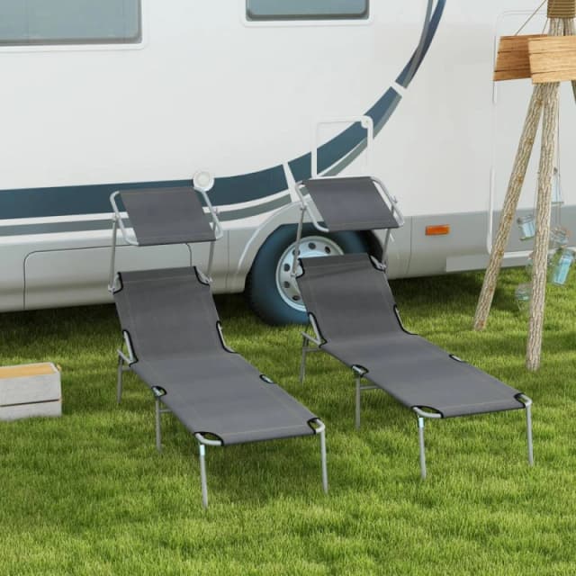 Outsunny Folding Sun Lounger Set of 2 w/ Sunshade Adjustable Backrest Grey 84B-001V01GY