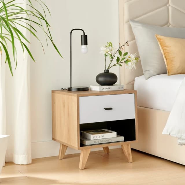 FurnitureboxUK FurnitureboxUK Bisset Off-White & Wood Effect Storage Bedside Table in Off White Off White One Size Unisex 5060661187613