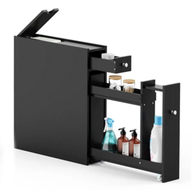Vonhaus Slim Bathroom Storage Unit, Black Slimline Bathroom Cabinet, Narrow & Compact Organiser With Drawers, Shrewsbury