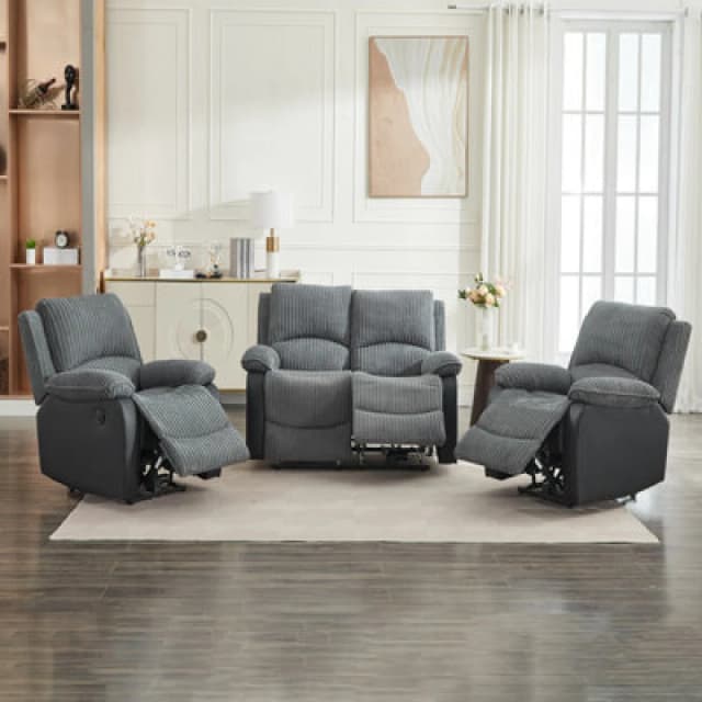 Electric Reclining Sofa Set, Corduroy Fabric Recliner Sectional Sofa Suite - 1+1+2 Sofa Set