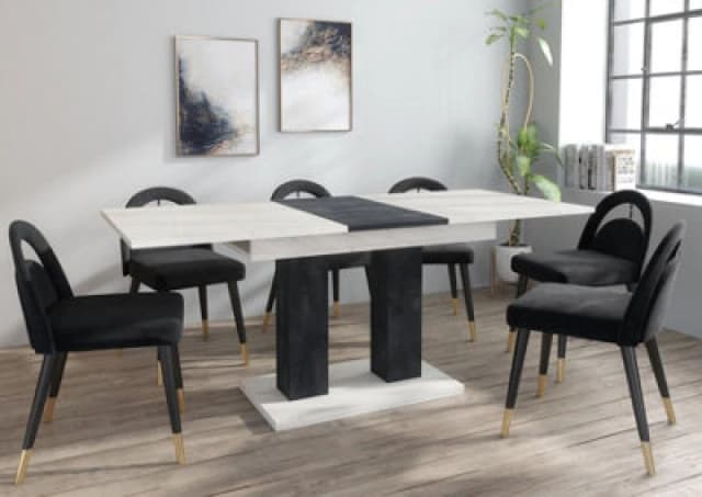 Furneo Modern Dining Table Extendable 140-180Cm White Marble & Black Concrete Effect Theo 05