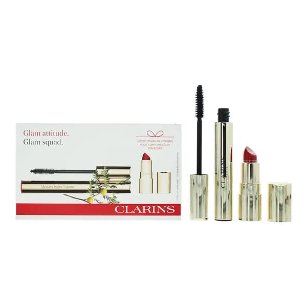 Clarins Glam Squad 2 Piece Gift Set: Supra Volume Mascara 8ml - Mini Joli Rouge 742 Lipstick 1.5g