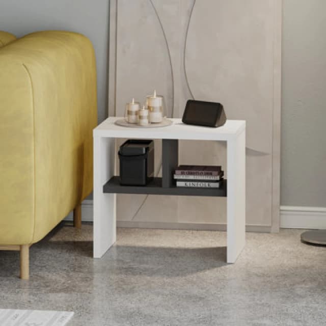 Decortie Modern Komoti Side End Table White-Anthracite With Open Shelf Storage Space Versatile C-Table Living Room Engineered Wood