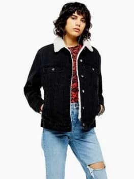 Topshop Borg Denim Jacket - Washed Black
