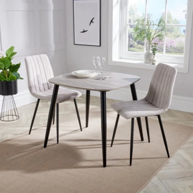 Core Products Aspen Grey Oak Effect 80Cm Square Dining Table With 2 Natural Fabric Straight Stitch Design Chairs