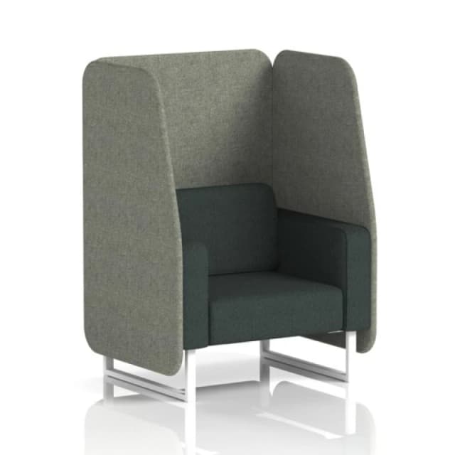 Brixworth 1 Seater Open Office Booth with White Legs in Rivet Fabric - Vitreous Panels and Charcoal Sofa