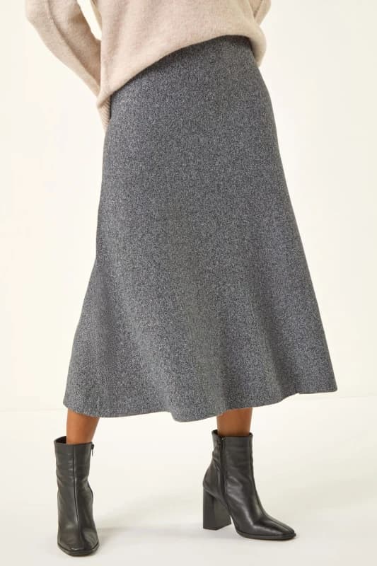 Roman Womens Plain Elastic Waist Knitted A Line Midi Skirt in Grey Size: 14 Grey Female 14