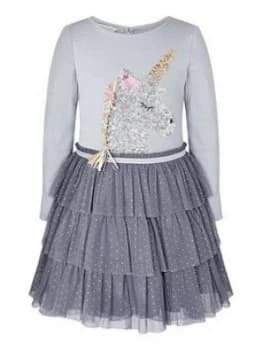 Monsoon Girls Disco Sequin Unicorn Stripe Dress - Grey