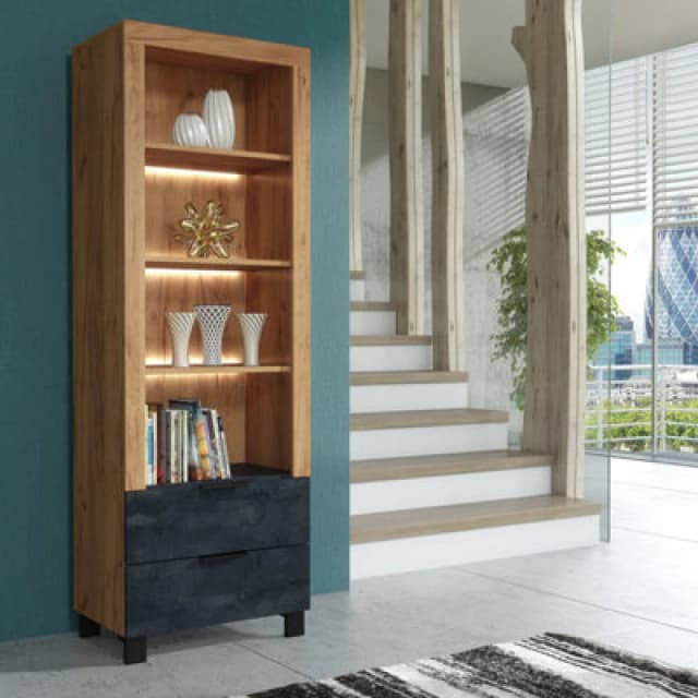 Furneo Display Cabinet Oak & Black Concrete Effect Modern Storage Cupboard White LED Lights Enzo 08