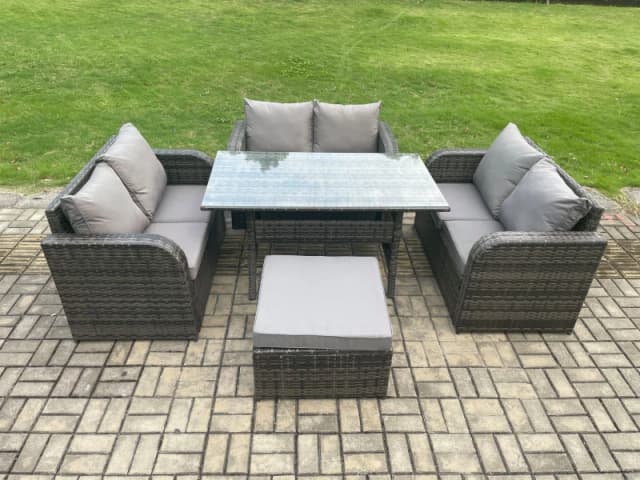 Fimous Wicker PE Rattan Sofa Outdoor Garden Furniture Set with Rectangular Dining Table Big Footstool Dark Grey Mixed Dark Grey Unisex
