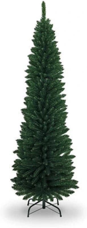 Shatchi 7ft Artificial Flocked Slim Christmas Pencil Green Tree Holiday Home Decorations With Pointed Tips And Metal Stand