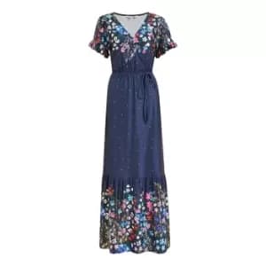 Yumi Navy Floral Slinky Jersey Maxi Dress - Blue