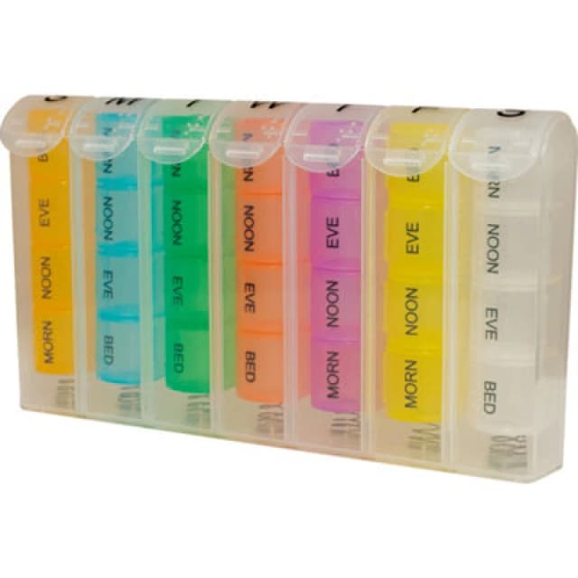 Loops Pop up 7 Day Pill Storage Box - 7 x 4 Compartment Tablet Dispenser - Flip Lids Multi