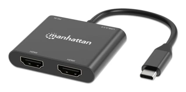 Manhattan Manhattan USB-C to Dual HDMI & USB-A Adapter, Dual 4K@30Hz or Single 4K@60Hz, Power Delivery 100W, 480 Mbps (USB 2.0), Cable 15cm, Black, Ma