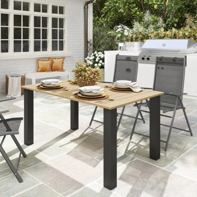 OUTSUNNY Garden Table with Parasol Hole, Slatted Metal Tabletop, Brown Brown Unisex