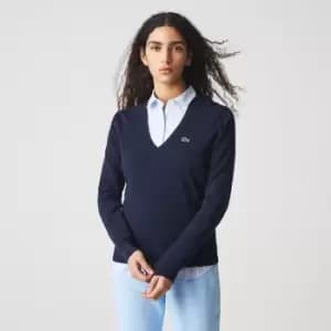 Lacoste Womens V-neck Organic Cotton Sweater Size 8 Navy Blue
